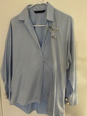 Zara Light Blue Button-Down Shirt with Pearl Accents
